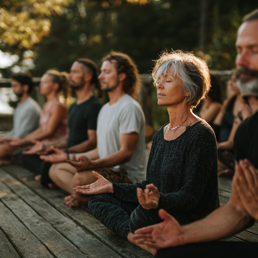 Peaceful yoga practitioner in meditation pose, breathing deeply with eyes closed in natural outdoor setting